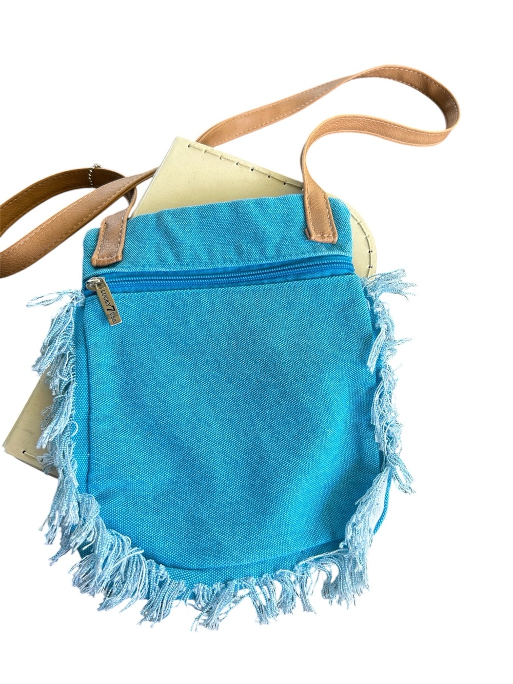 Lucky 7 USA turquoise blue shag fringe cotton blend boho crossbody bag festival